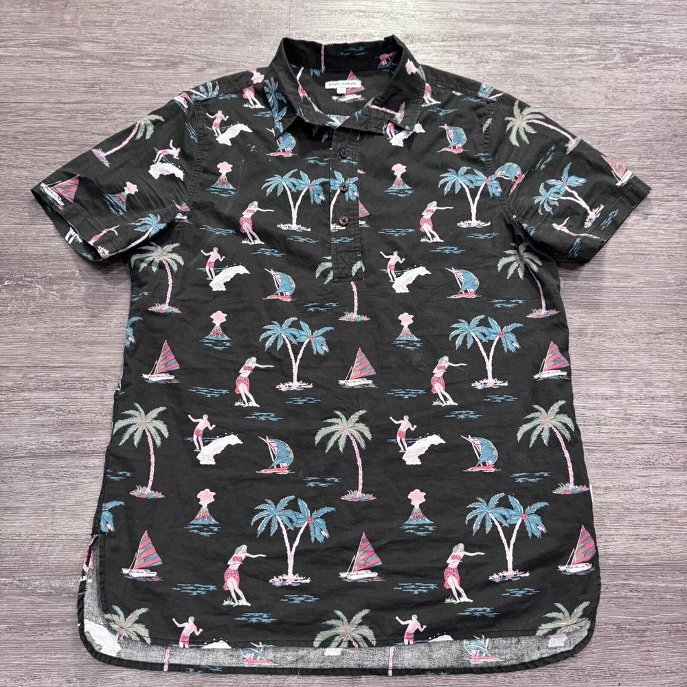 Banks Journal Shirt Mens S Black Cotton Tropical Hula Surfer Print Summer Casual